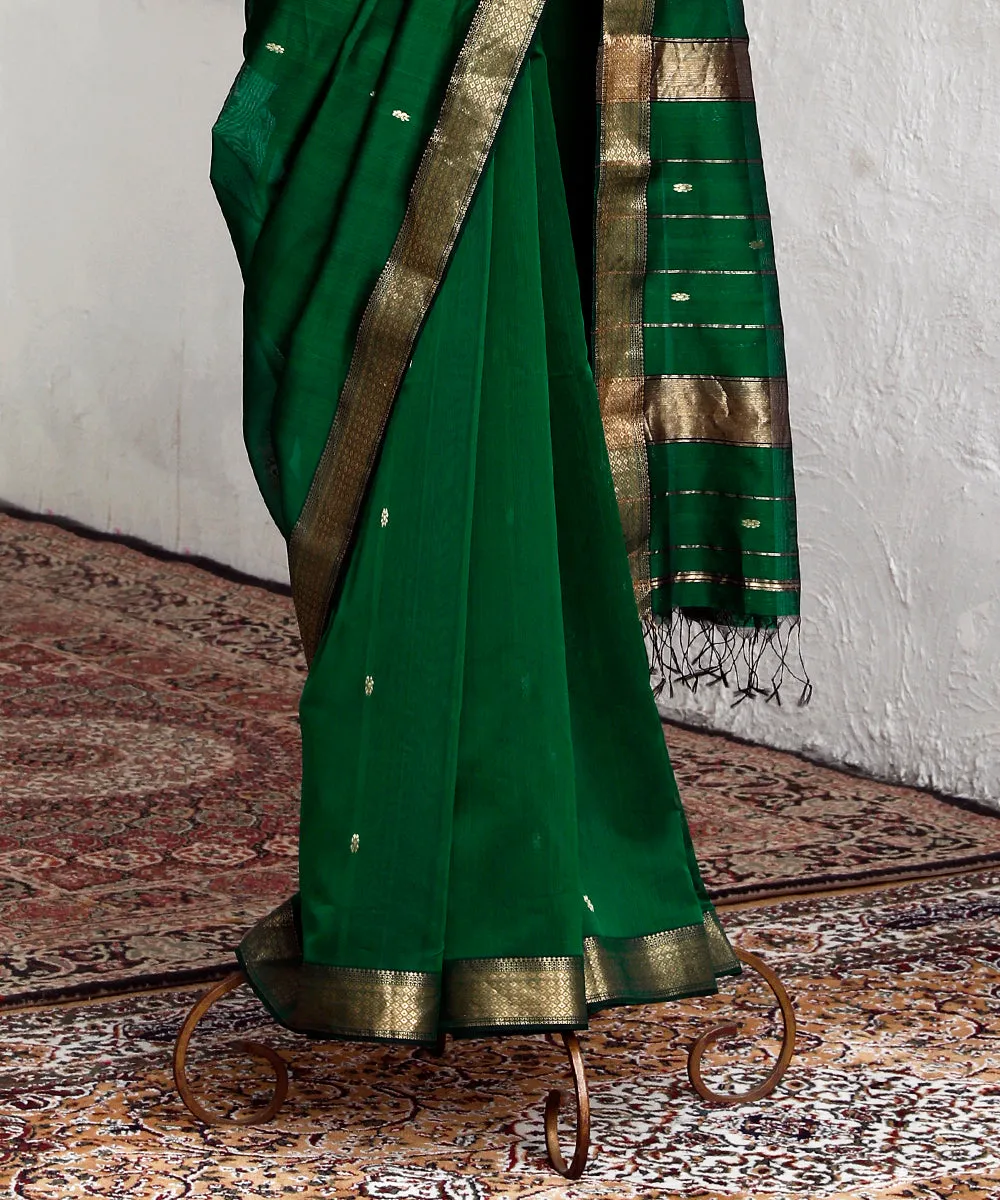 Dark Green Handloom Pure Cotton Maheshwari Saree With Gold Zari Border