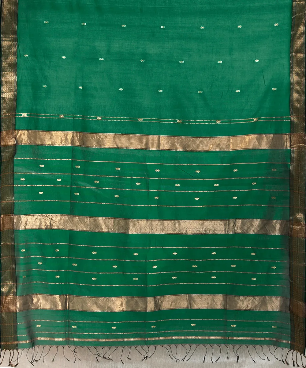 Dark Green Handloom Pure Cotton Maheshwari Saree With Gold Zari Border