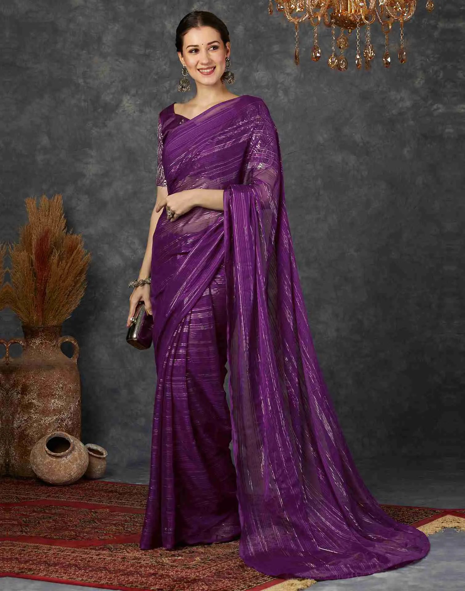 Dark Violet Georgette Plain Saree