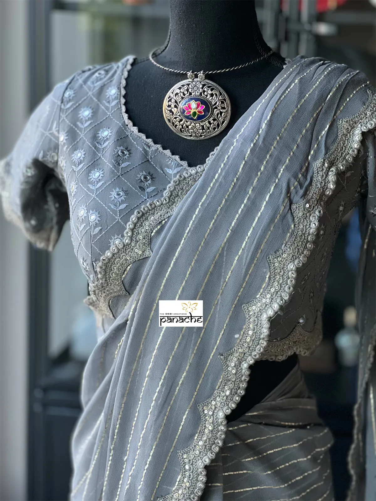 Designer Georgette Saree Blouse - Grey