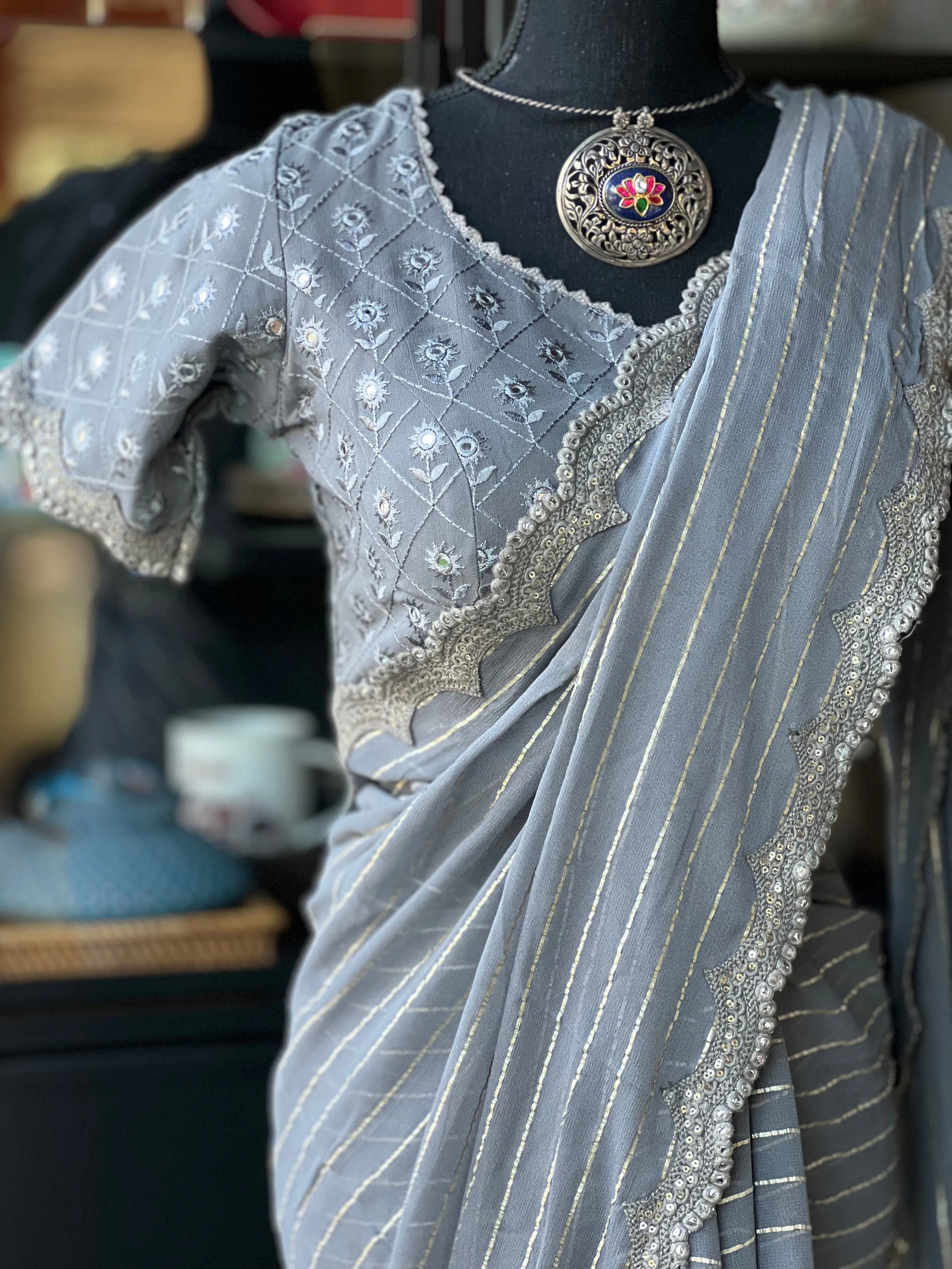 Designer Georgette Saree Blouse - Grey