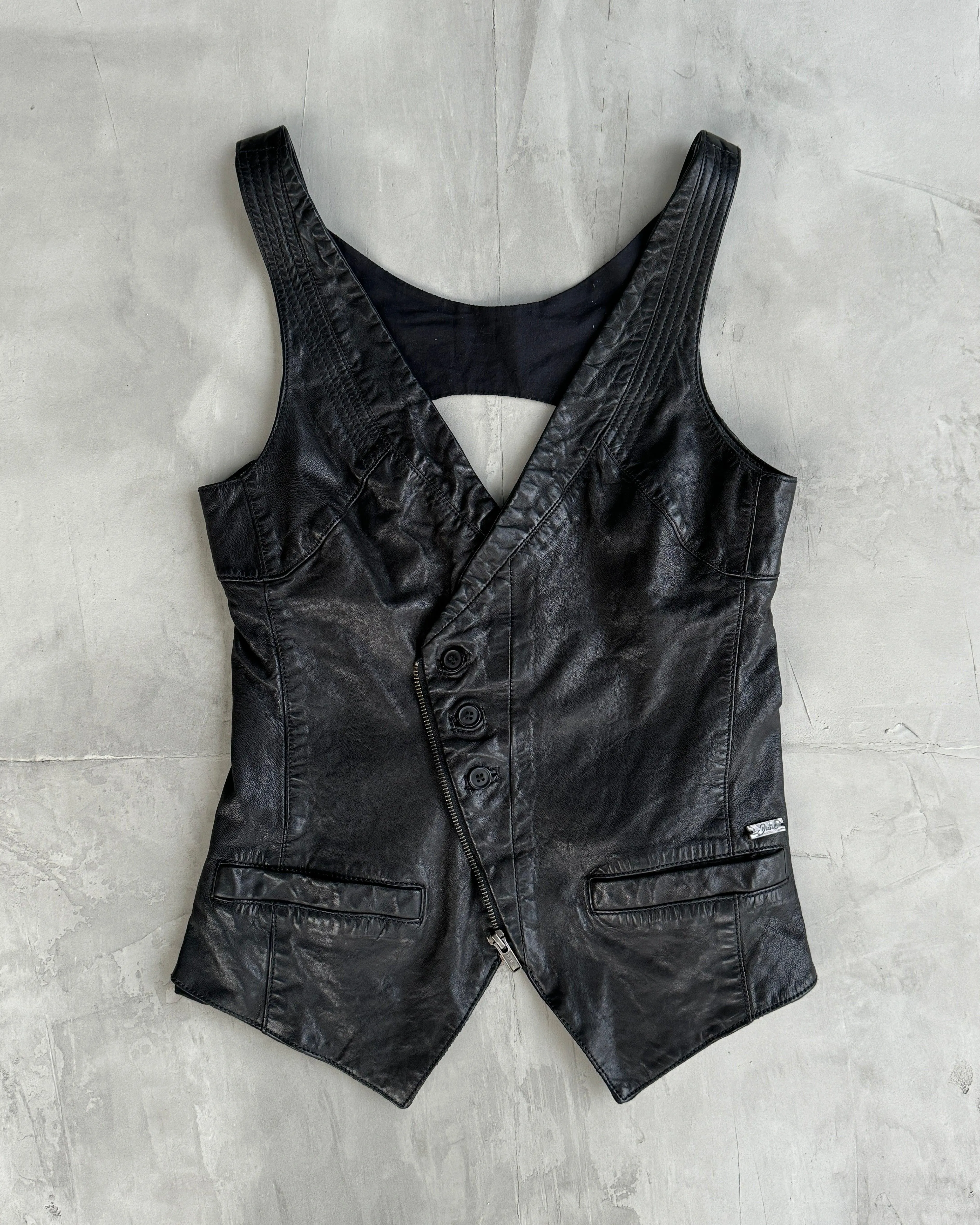 DIESEL 90'S ASYMMETRIC OPEN BACK LEATHER VEST WAISTCOAT - M