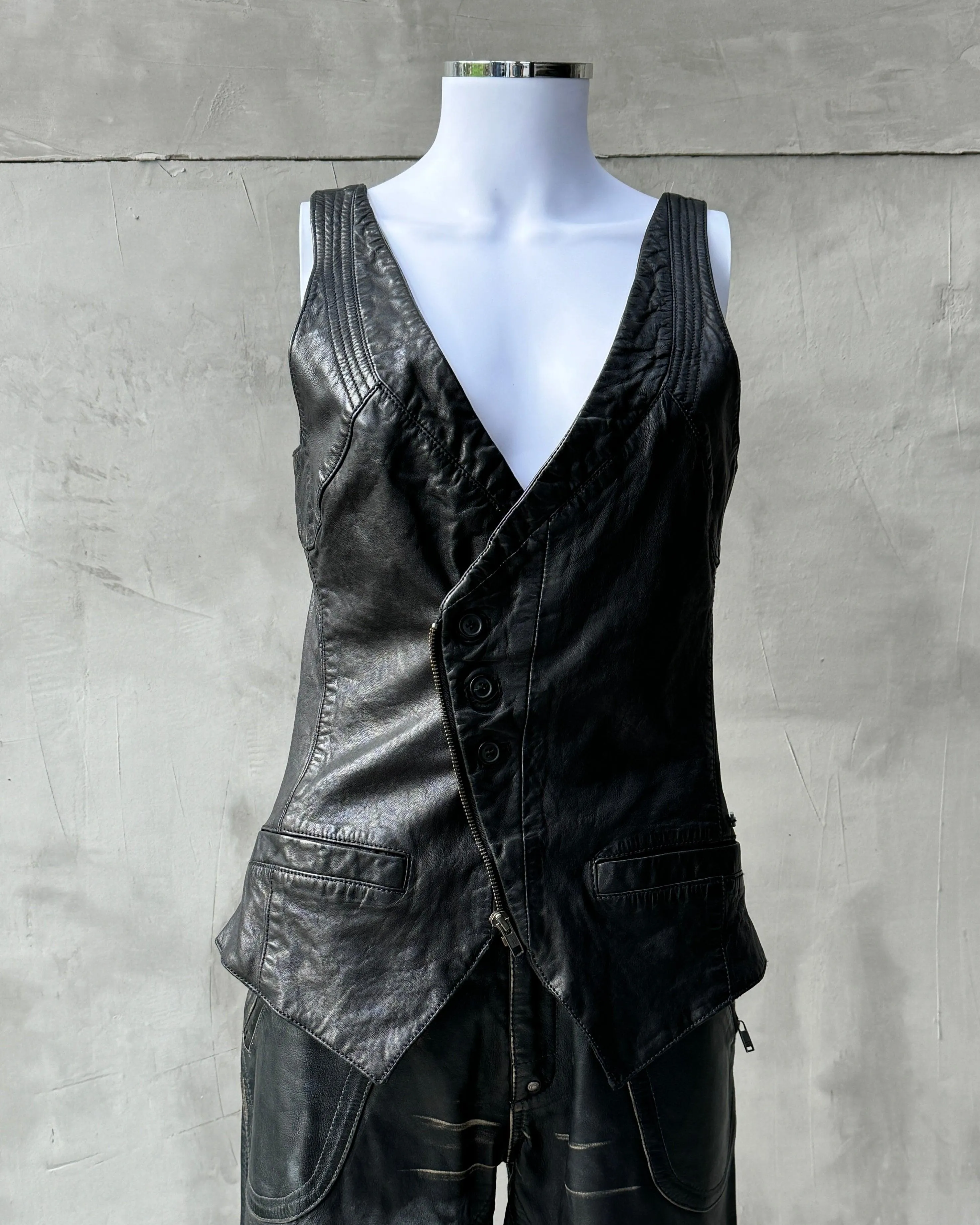 DIESEL 90'S ASYMMETRIC OPEN BACK LEATHER VEST WAISTCOAT - M