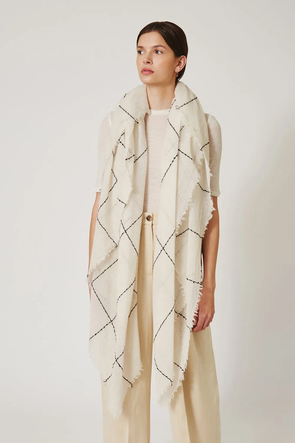 Eggshell Cashmere Scarf Windowpane Pattern