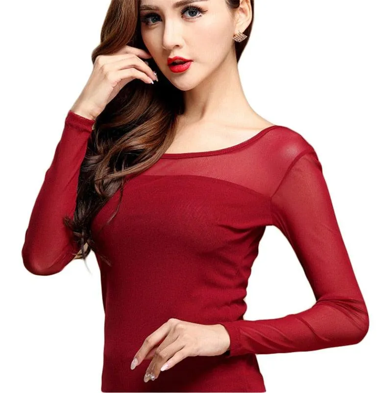 Elastic Mesh Top - Turtleneck Long Sleeve Casualwear