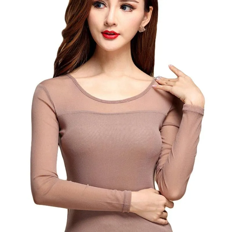 Elastic Mesh Top - Turtleneck Long Sleeve Casualwear