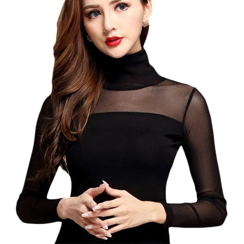 Elastic Mesh Top - Turtleneck Long Sleeve Casualwear