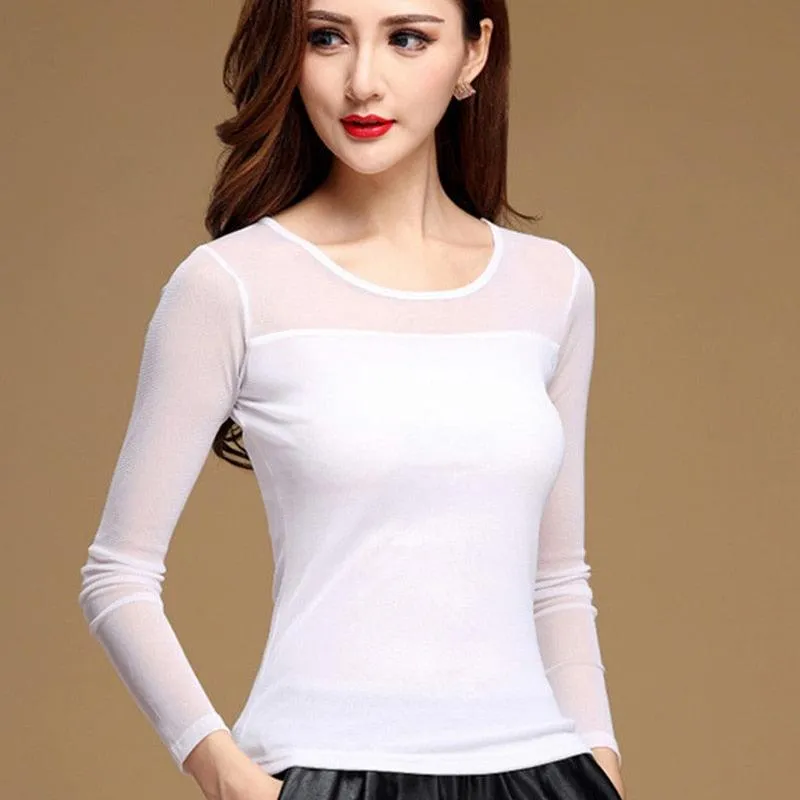 Elastic Mesh Top - Turtleneck Long Sleeve Casualwear