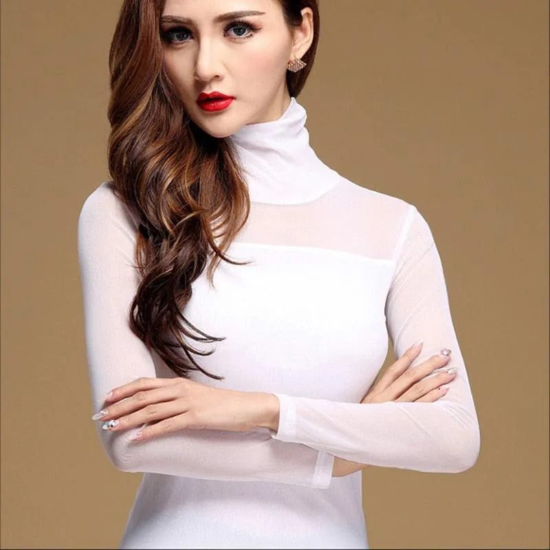 Elastic Mesh Top - Turtleneck Long Sleeve Casualwear