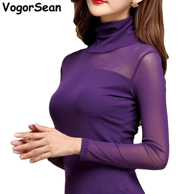 Elastic Mesh Top - Turtleneck Long Sleeve Casualwear