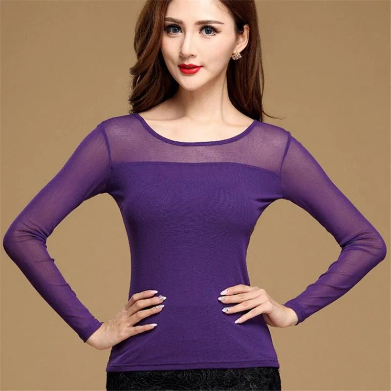 Elastic Mesh Top - Turtleneck Long Sleeve Casualwear