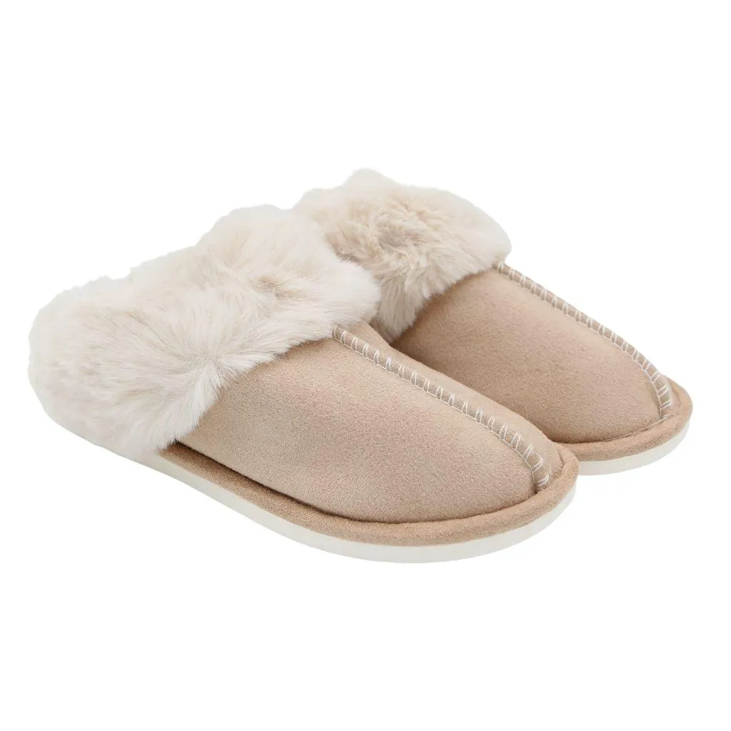 FABUCCI Camel Faux Fur Slippers - Lined, Warm & Cozy