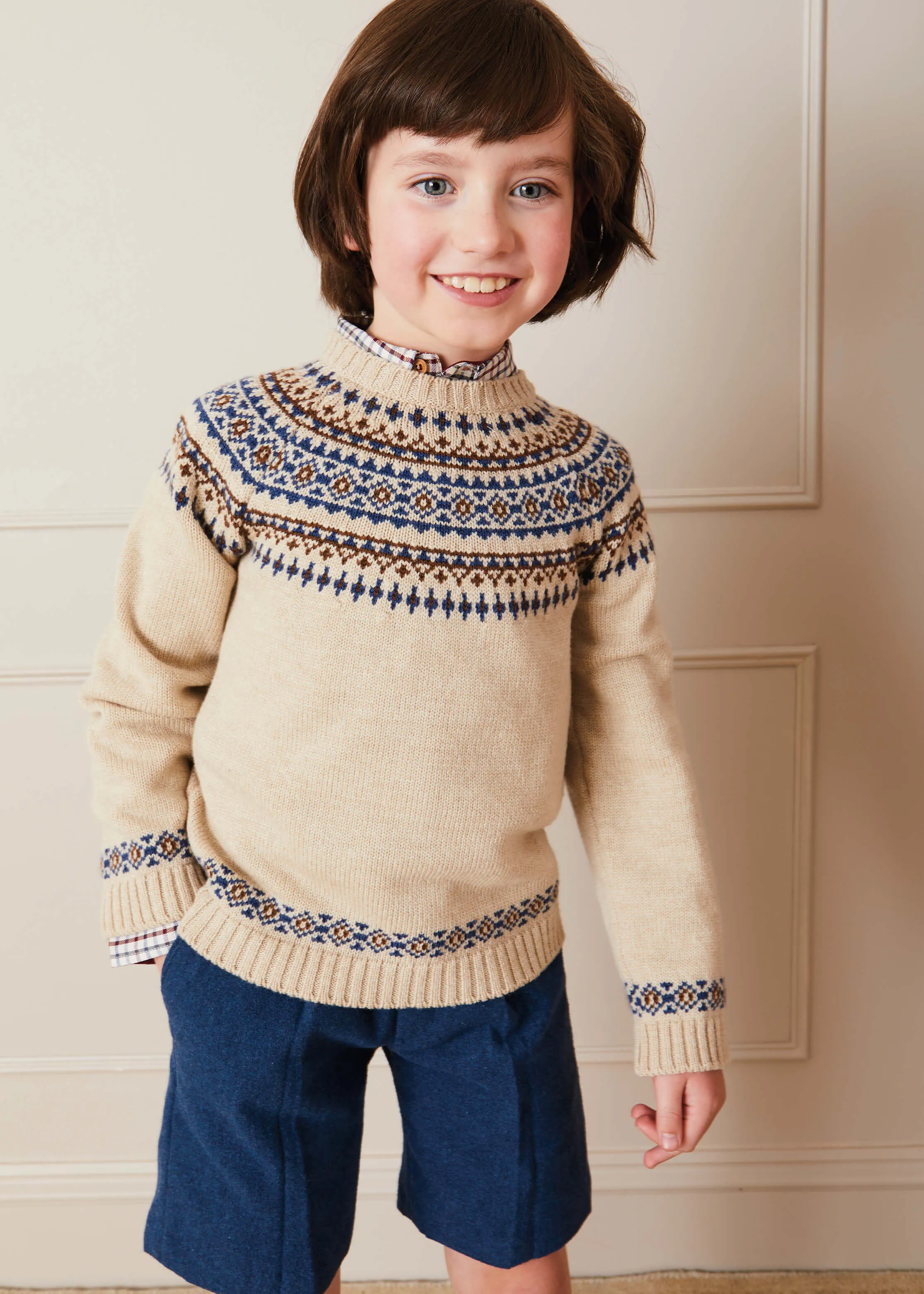 Fair Isle Merino Wool Sweater Beige Kids 4-10 years.