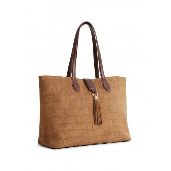 Fairfax & Favor Womens Langham Tote Bag in Tan Croc Print Suede