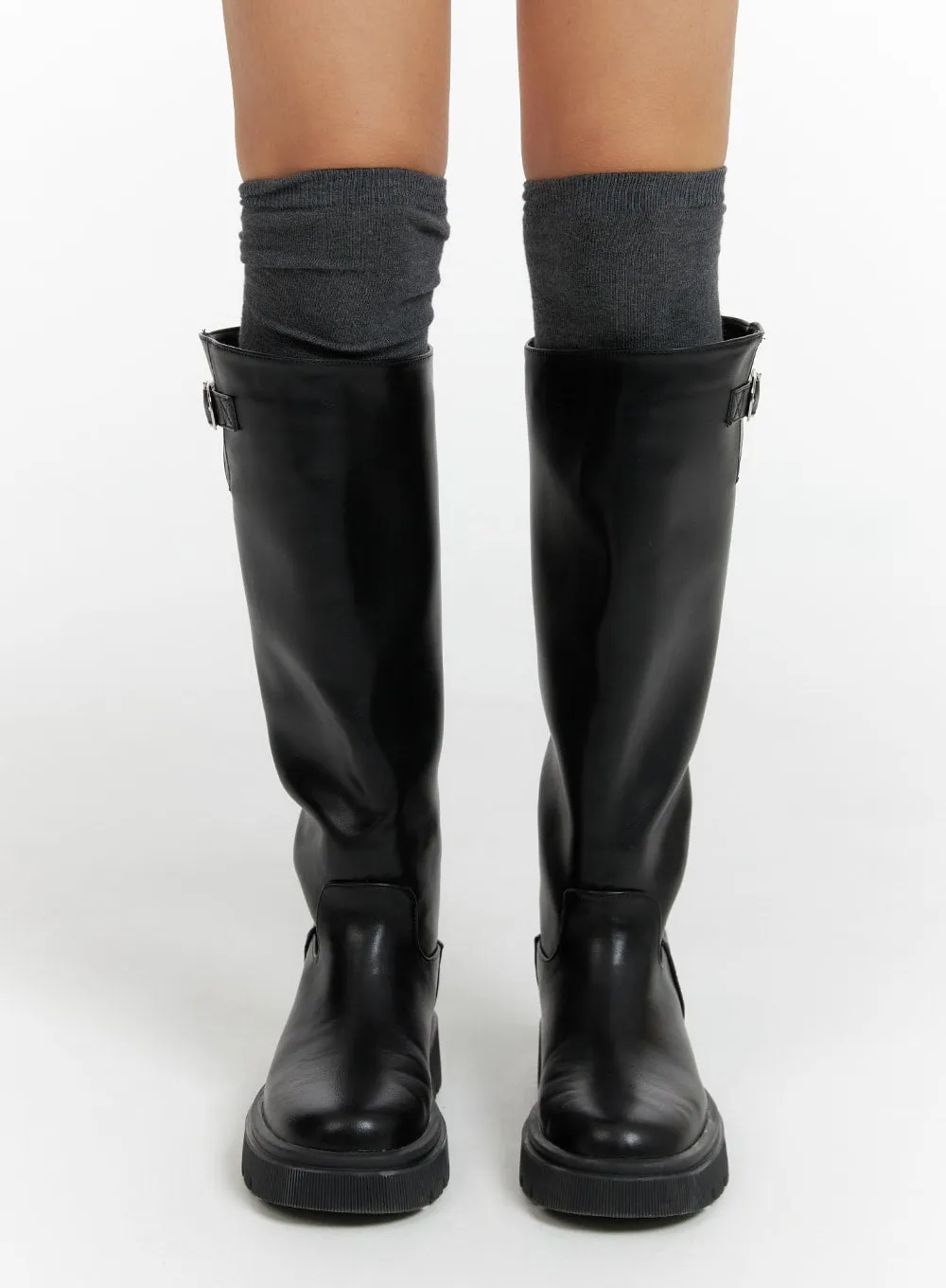 faux leather buckle knee-high boots, knee-high boots CF416