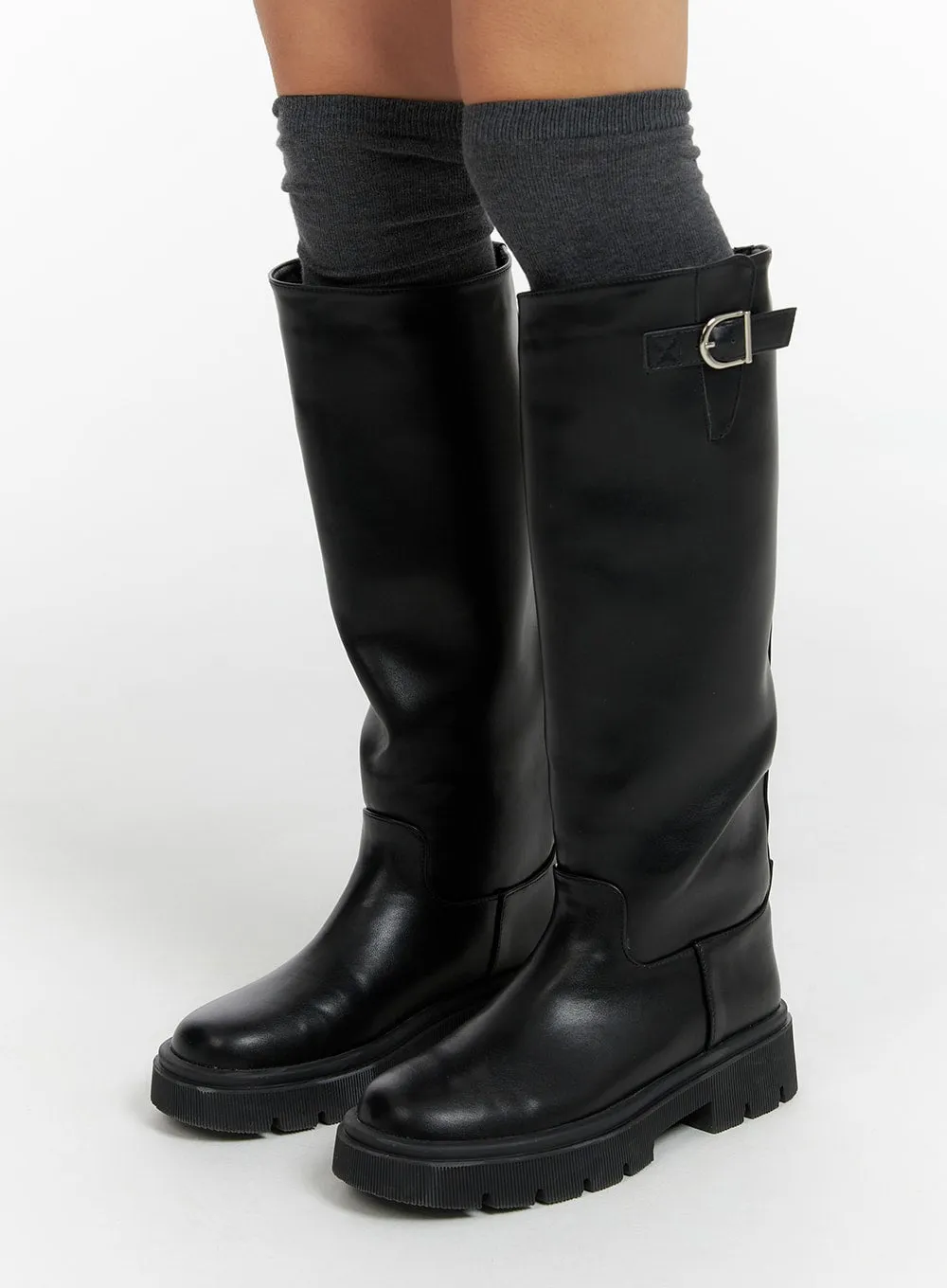 faux leather buckle knee-high boots, knee-high boots CF416