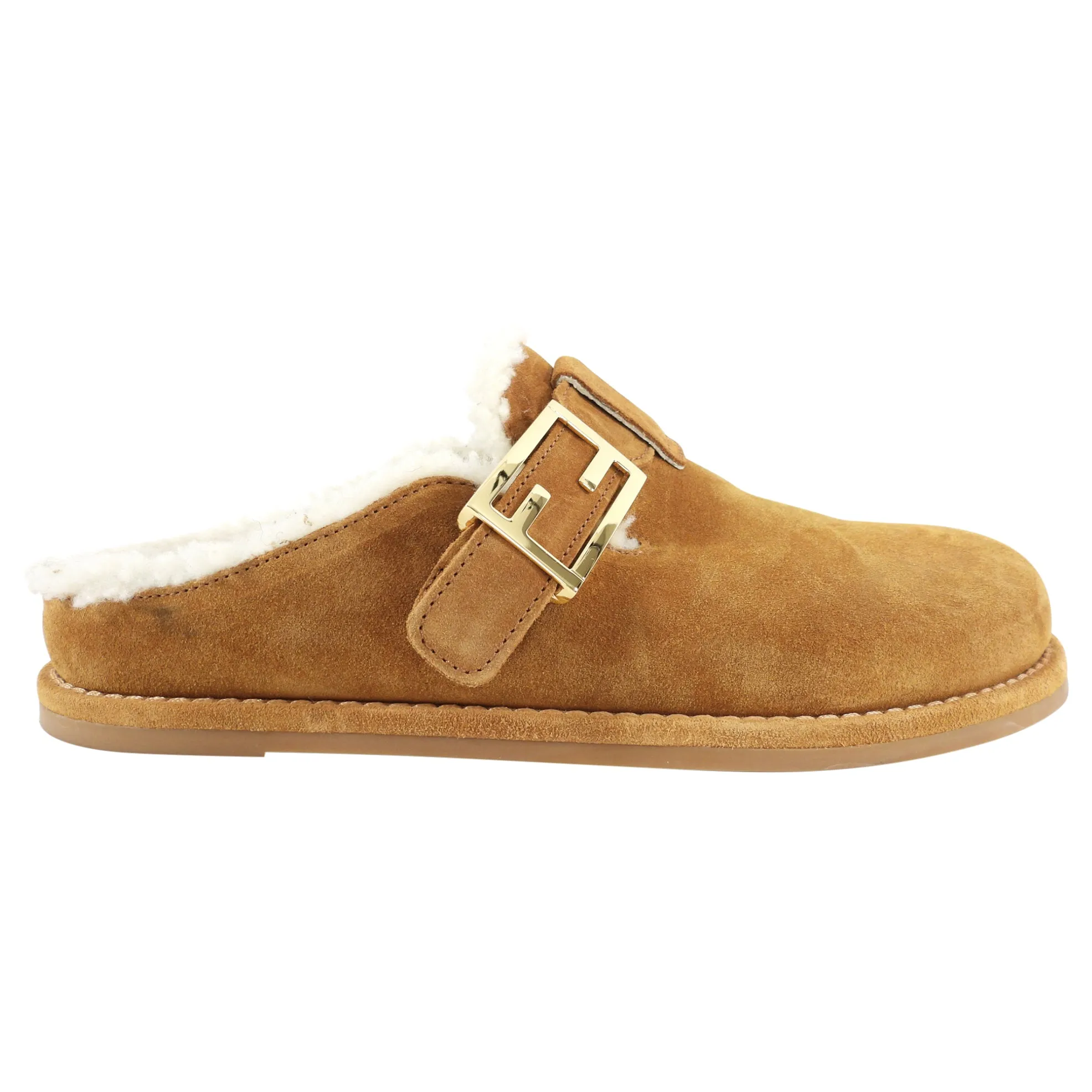 Fendi Tan Shearling Flat Slides - Size 37