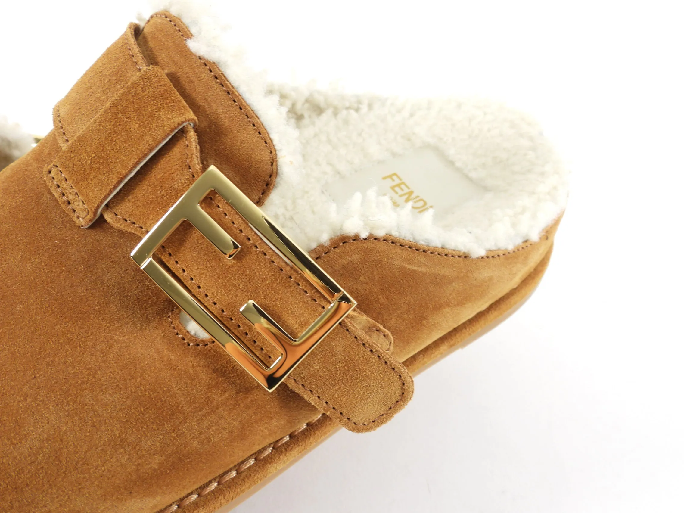 Fendi Tan Shearling Flat Slides - Size 37