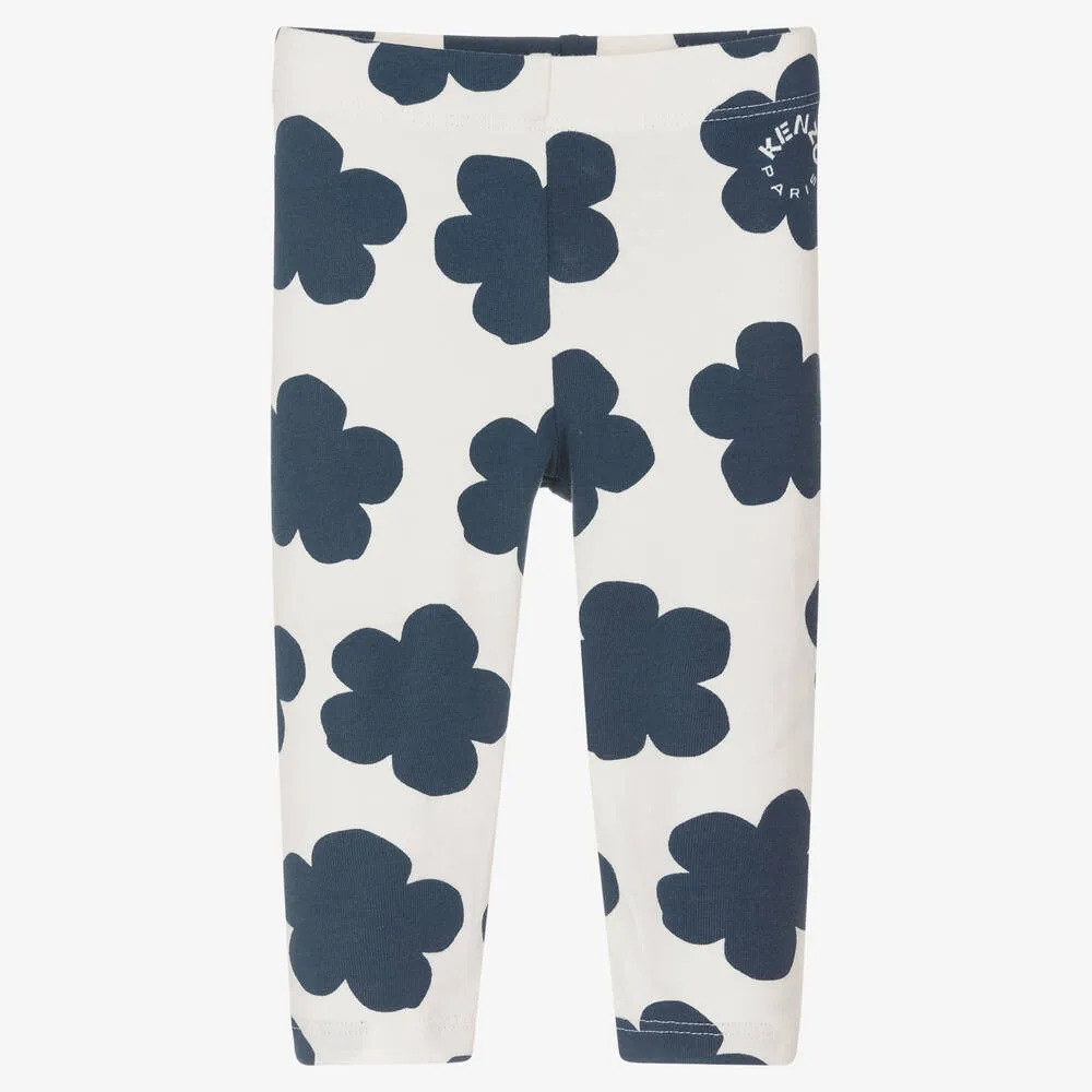 Girls Ivory Cotton Flower Leggings