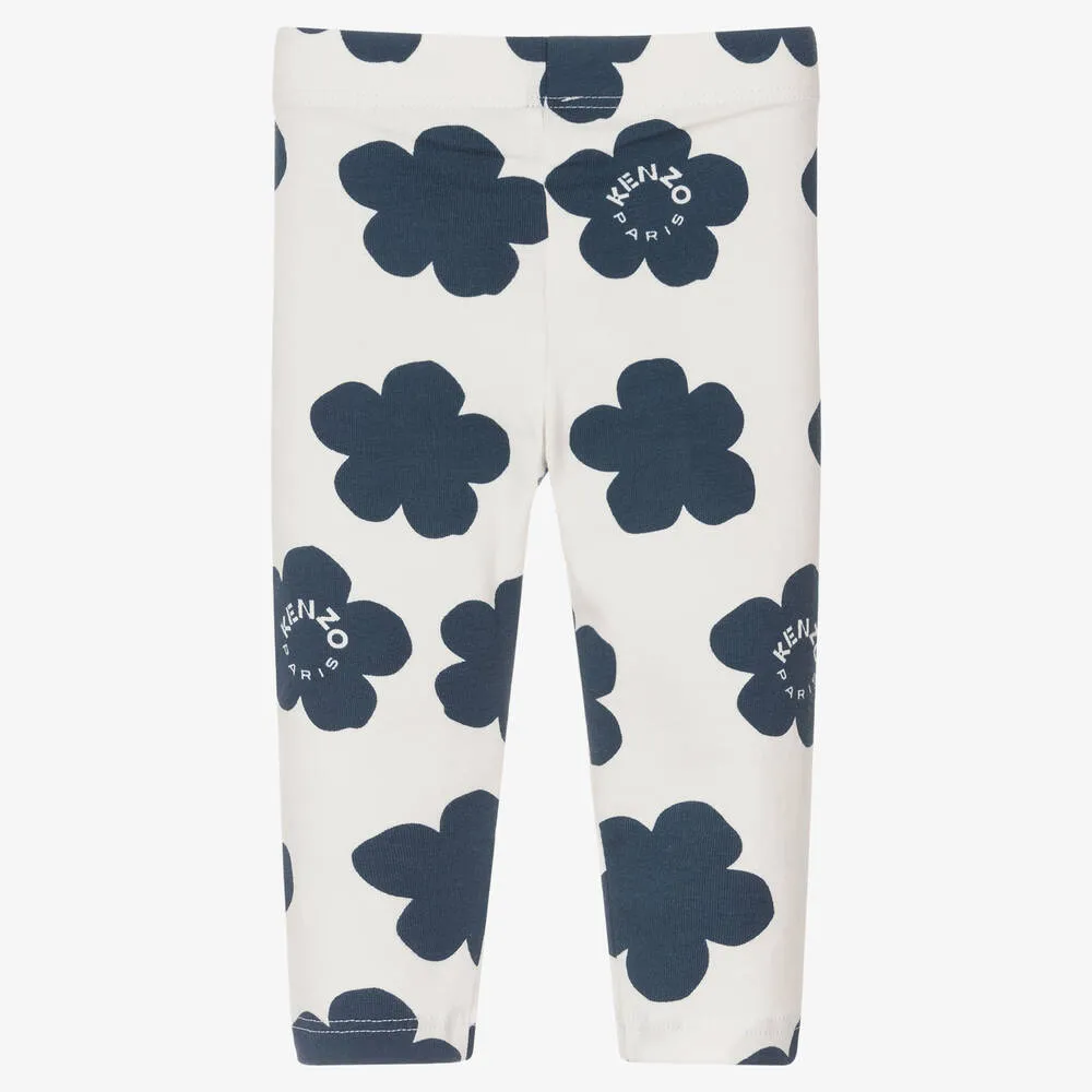 Girls Ivory Cotton Flower Leggings