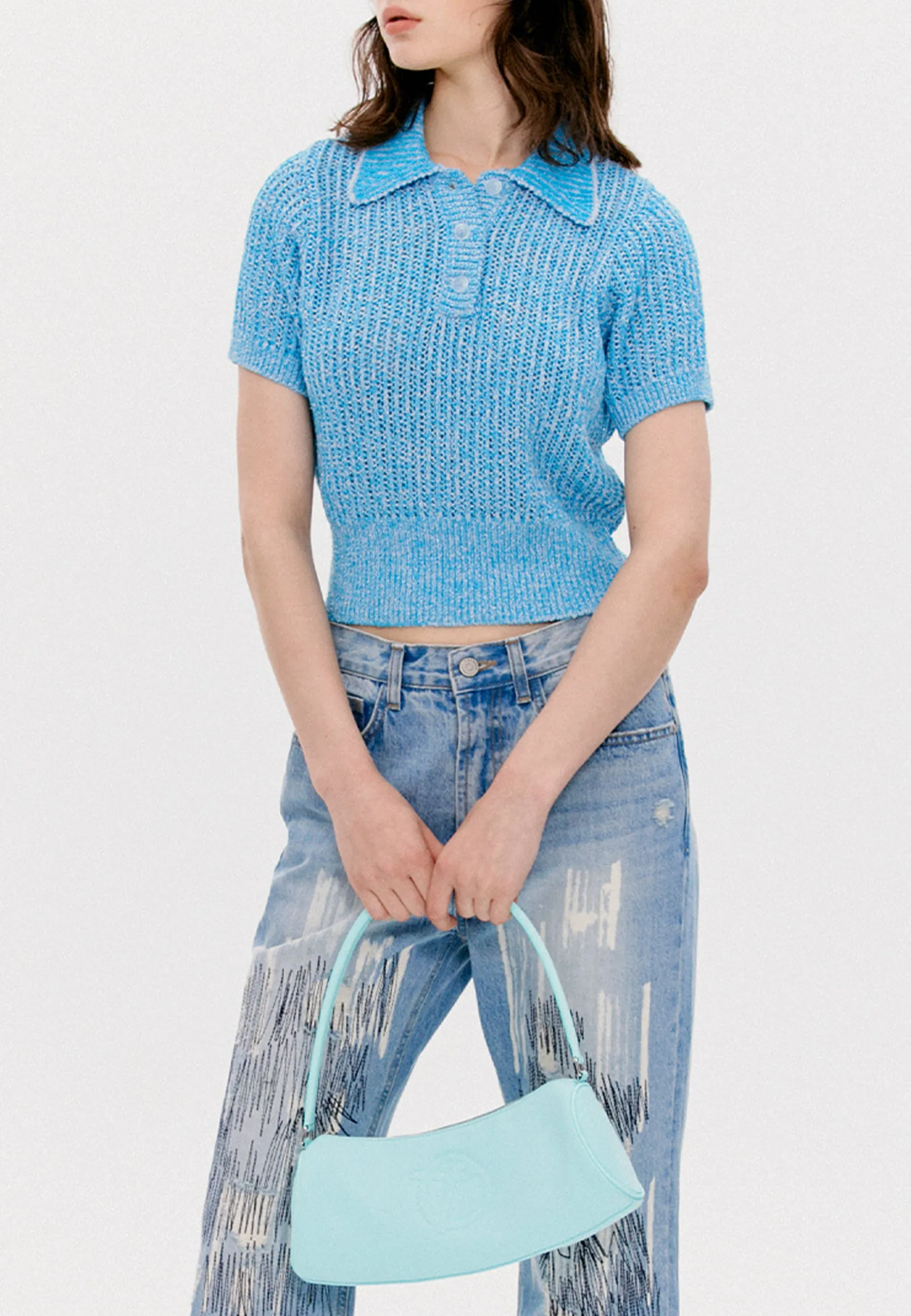 Glitter Yarn Half Sleeve Sweater - blue