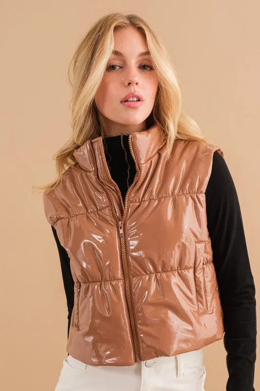 Glossy Shiny PU Quilted Puffer Zip Up Crop Vest