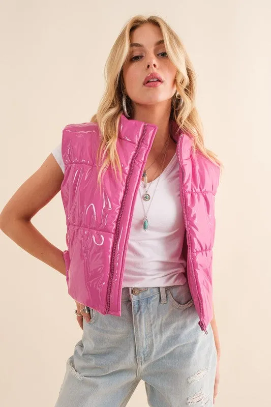 Glossy Shiny PU Quilted Puffer Zip Up Crop Vest