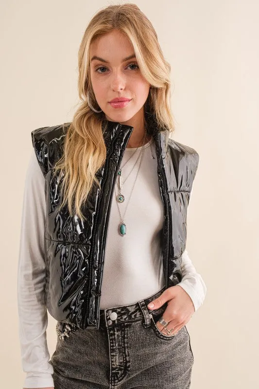 Glossy Shiny PU Quilted Puffer Zip Up Crop Vest