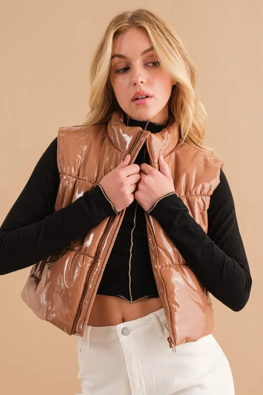 Glossy Shiny PU Quilted Puffer Zip Up Crop Vest