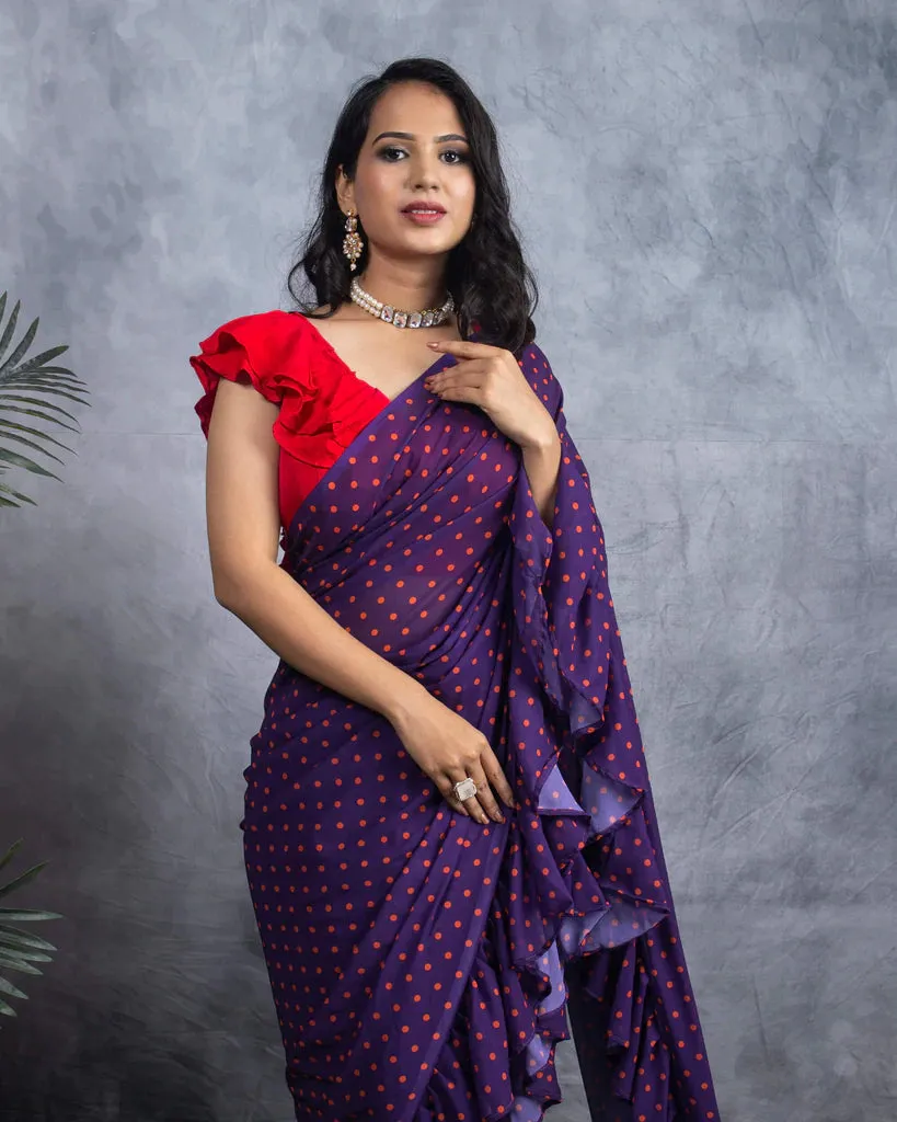 Grape Purple Plain Half Digital Print Georgette Ruffle Saree