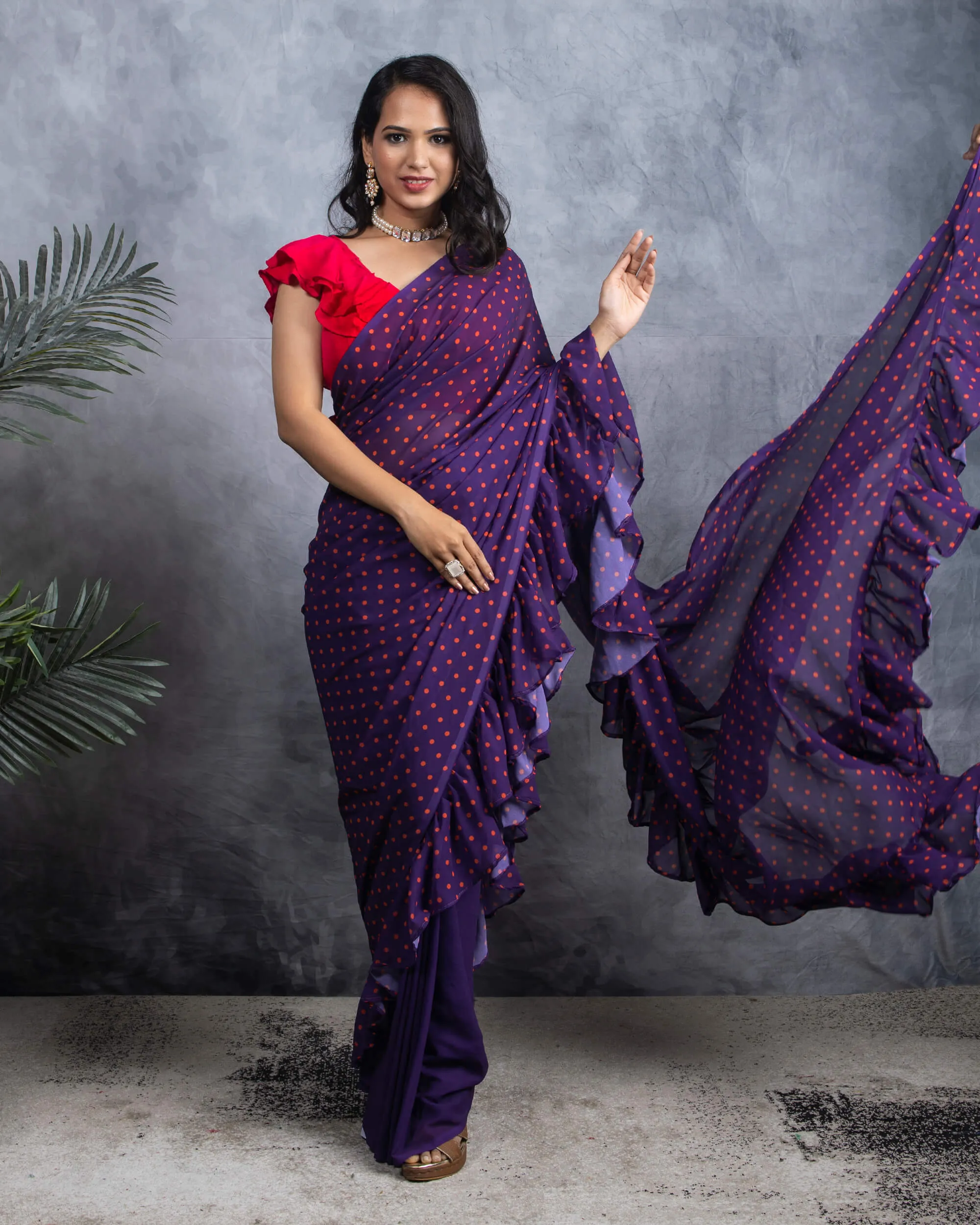 Grape Purple Plain Half Digital Print Georgette Ruffle Saree