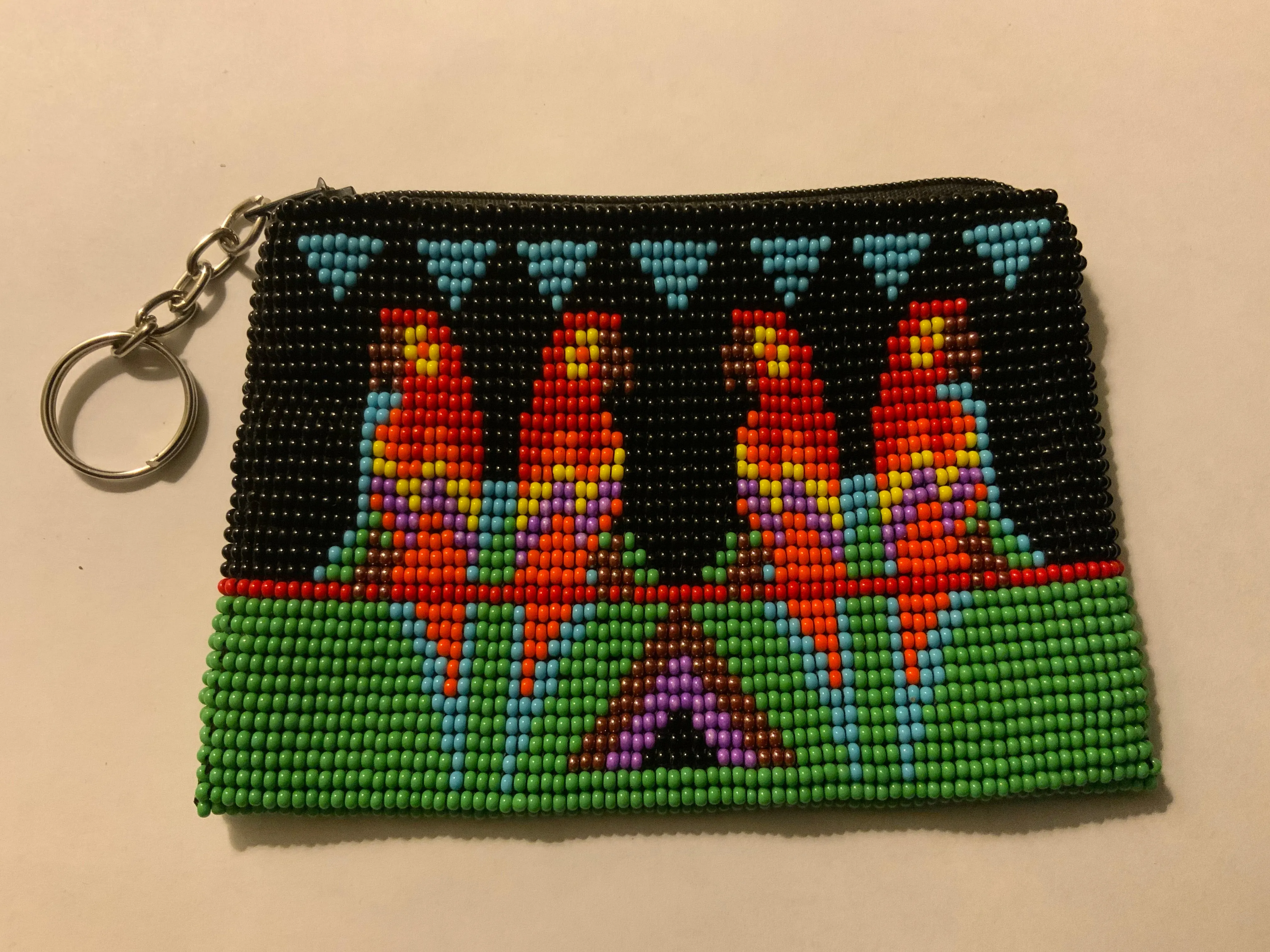 Guatemalan handcrafted glass bead change purse in intricate designs.