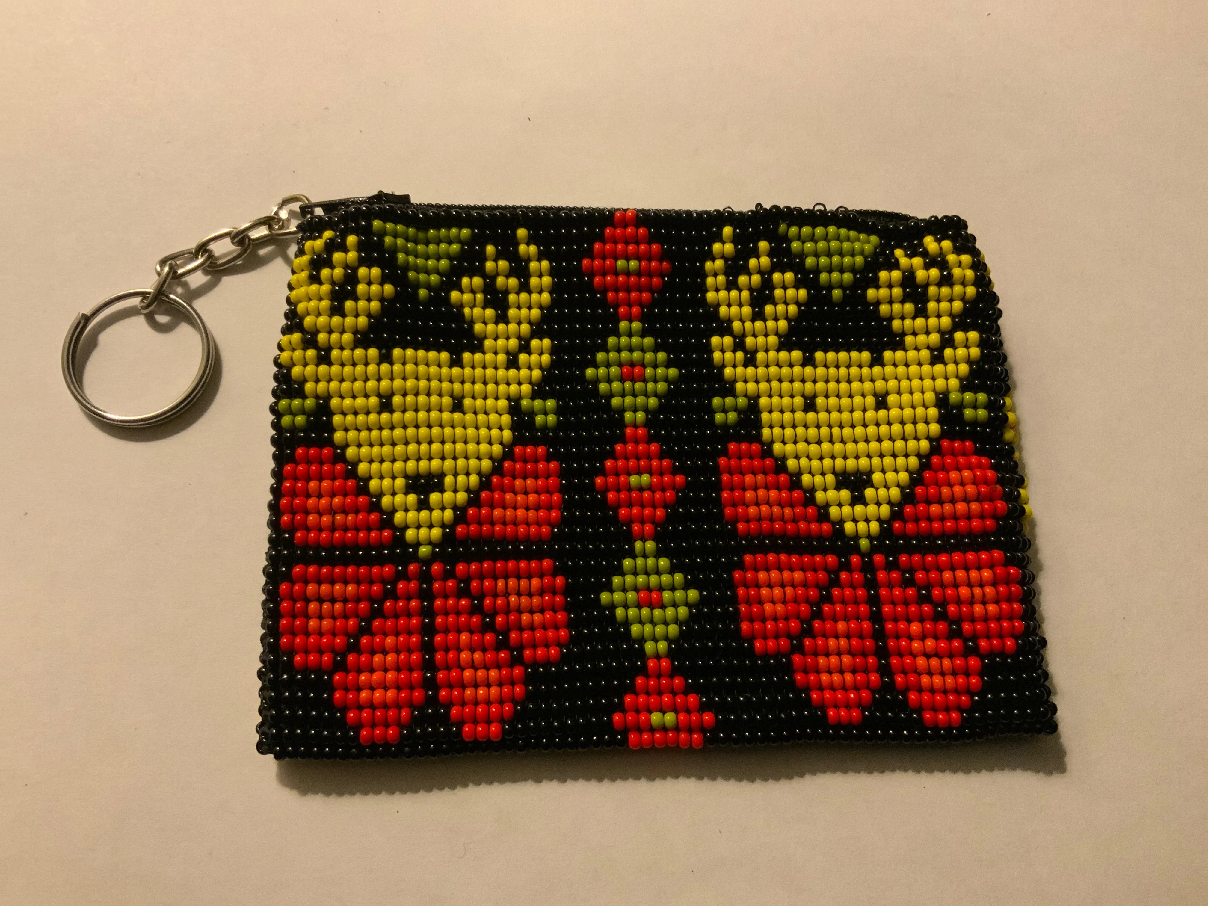 Guatemalan handcrafted glass bead change purse in intricate designs.