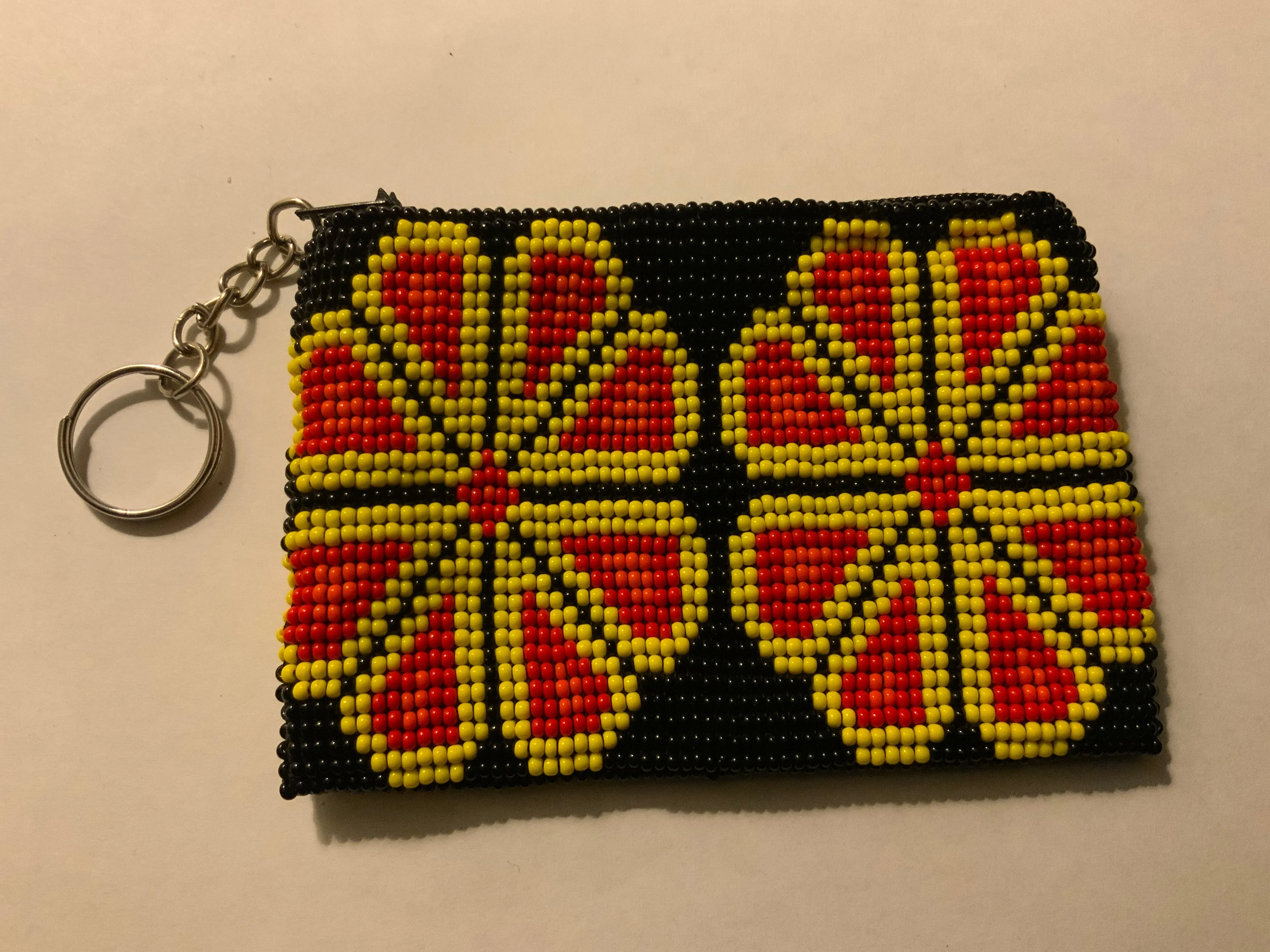 Guatemalan handcrafted glass bead change purse in intricate designs.