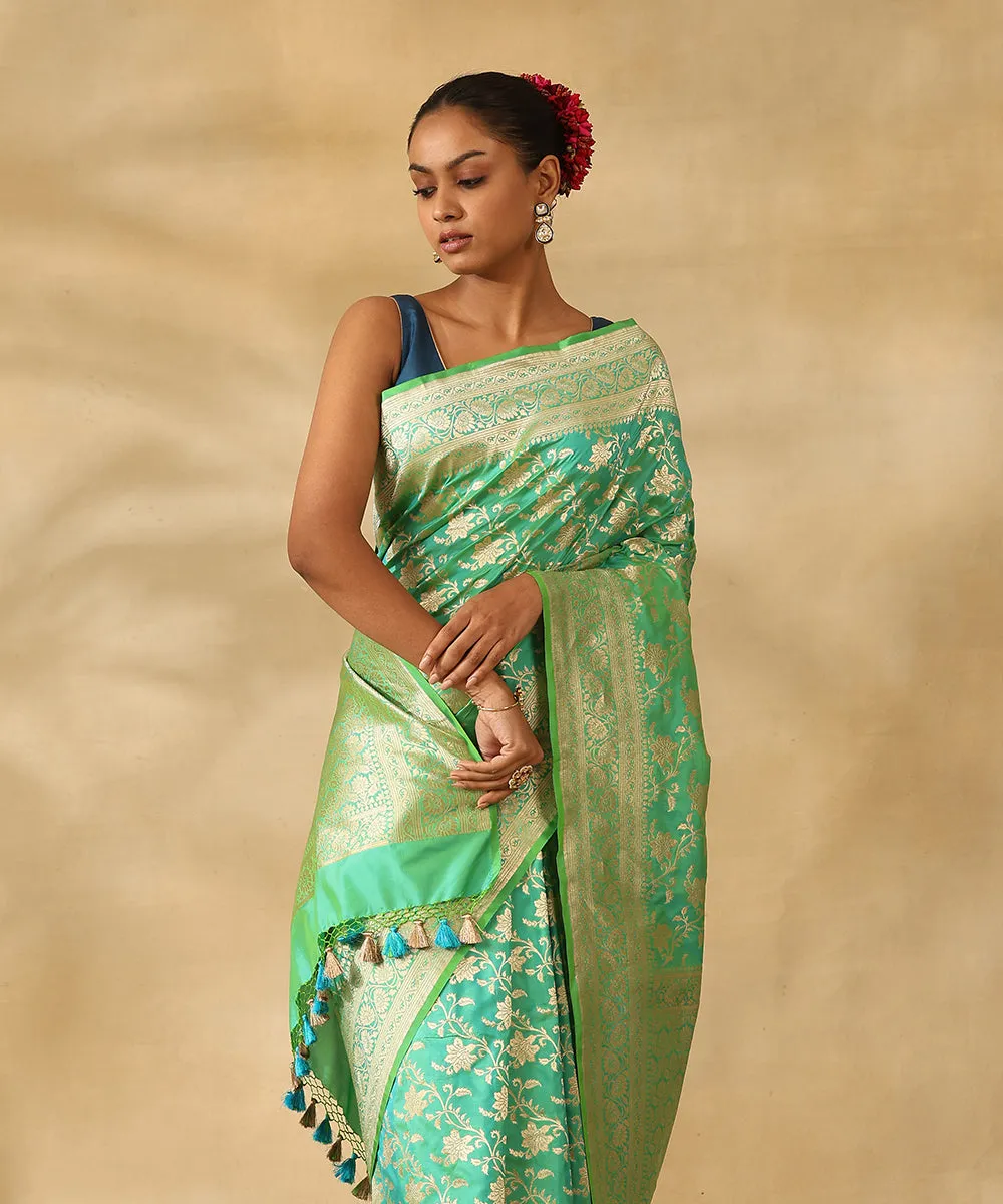 Handloom Aqua Green Pure Katan Silk Banarasi Saree With Champagne Gold Zari Cutwork Floral Jaal