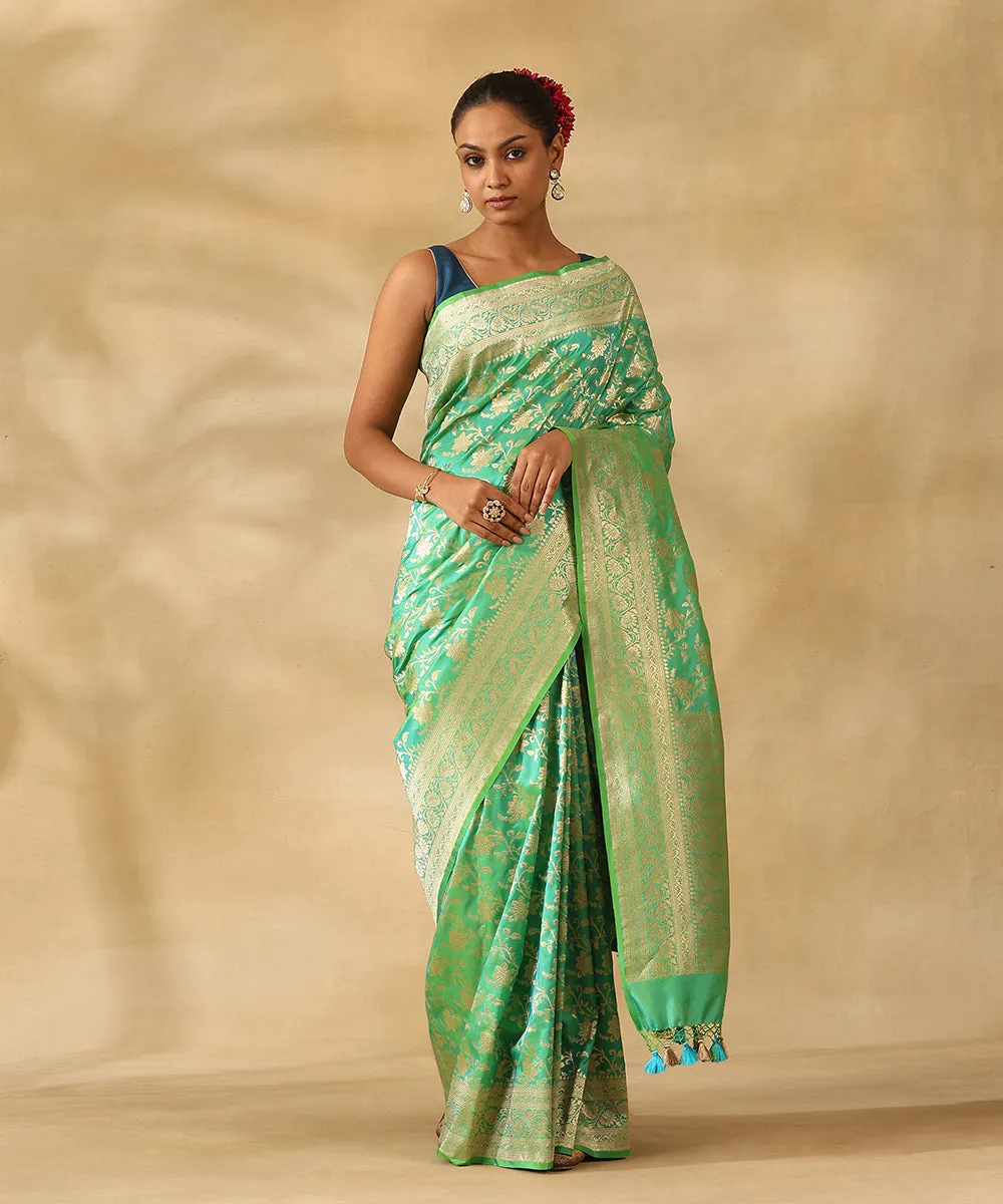 Handloom Aqua Green Pure Katan Silk Banarasi Saree With Champagne Gold Zari Cutwork Floral Jaal