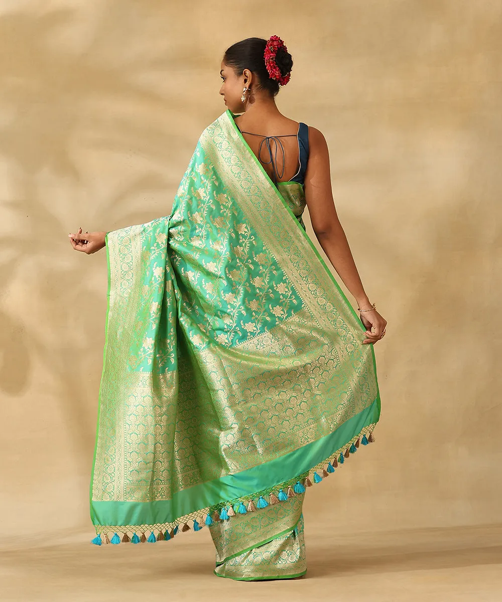 Handloom Aqua Green Pure Katan Silk Banarasi Saree With Champagne Gold Zari Cutwork Floral Jaal