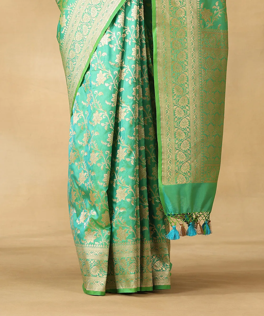 Handloom Aqua Green Pure Katan Silk Banarasi Saree With Champagne Gold Zari Cutwork Floral Jaal