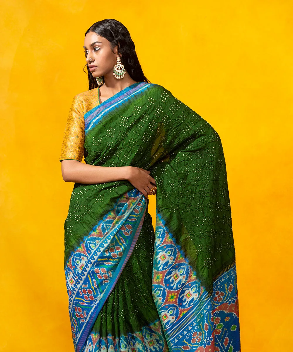 Handloom Bottle Green Mulberry Silk Bandhani Saree With Blue Patola Border