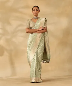 Handloom Light Green Pure Katan Silk Banarasi Saree With Champagne Gold Zari Cutwork Booti