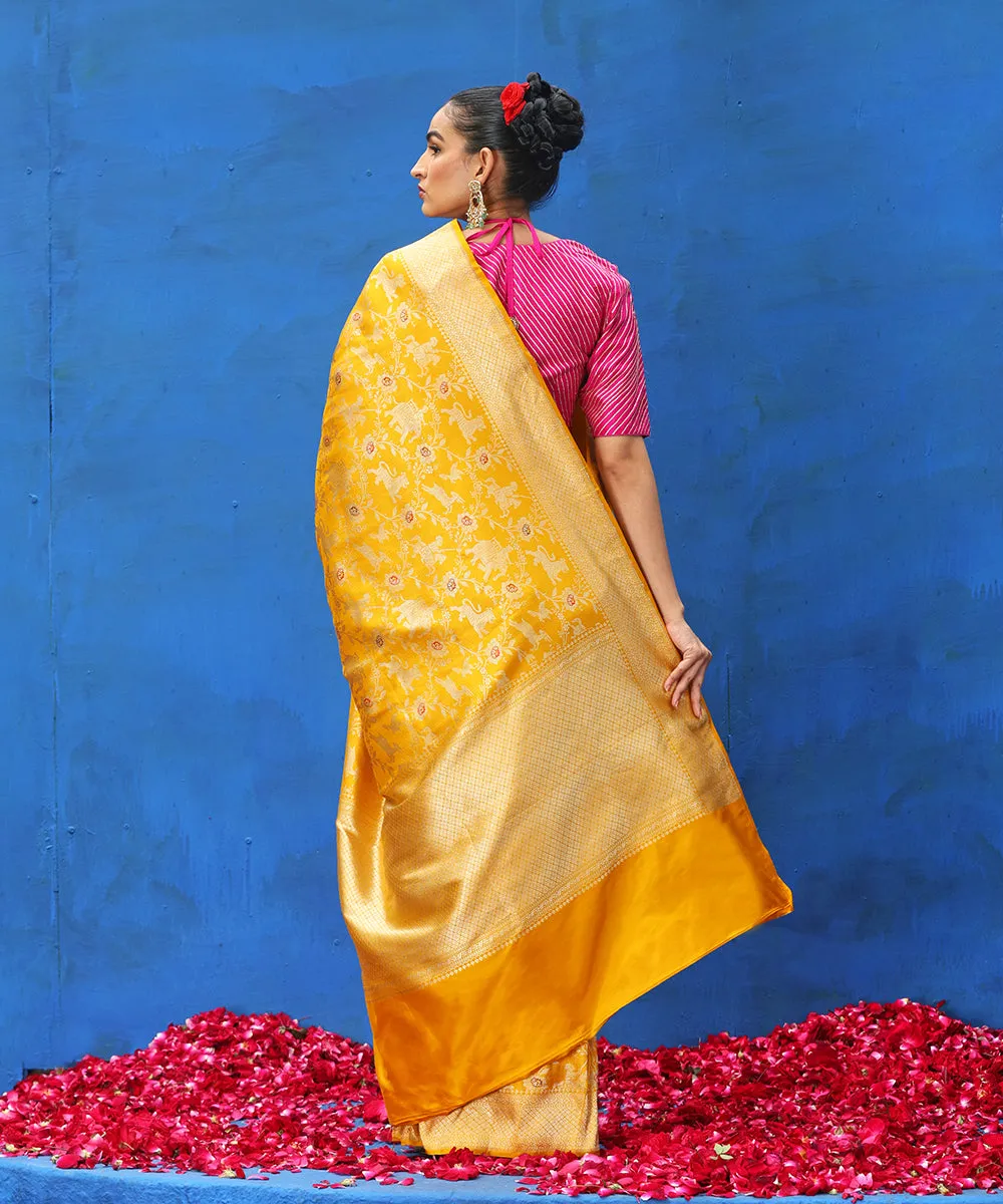 Handloom Mustard Pure Katan Silk Zari Weft Shikargah Banarasi Saree With Meenakari