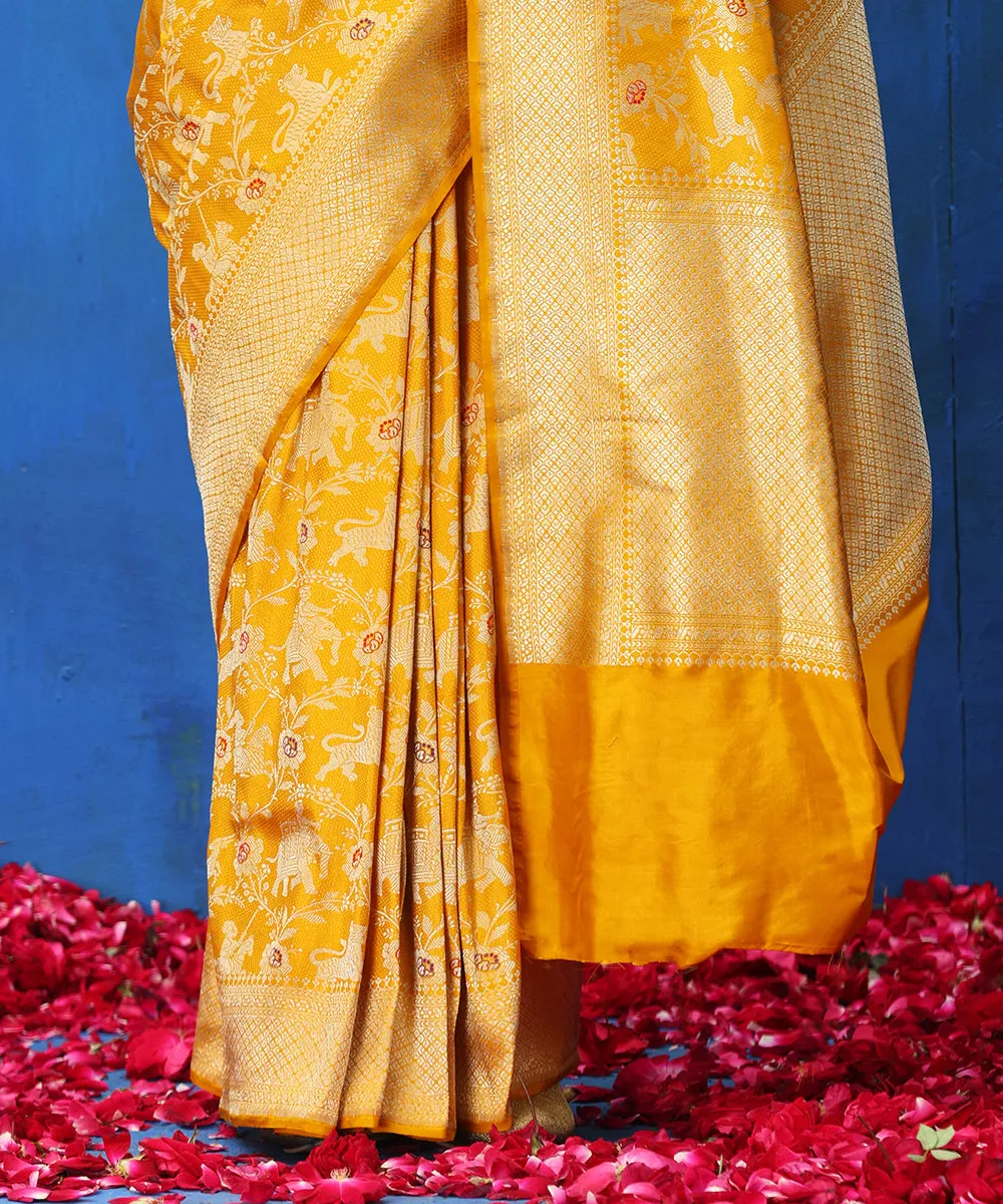 Handloom Mustard Pure Katan Silk Zari Weft Shikargah Banarasi Saree With Meenakari