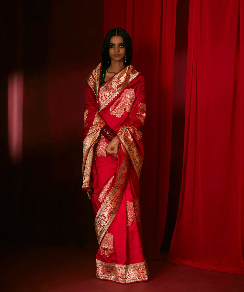 Handloom Red Pure Katan Silk Banarasi Saree With Nenua Leaf Motifs And Meenakari Border