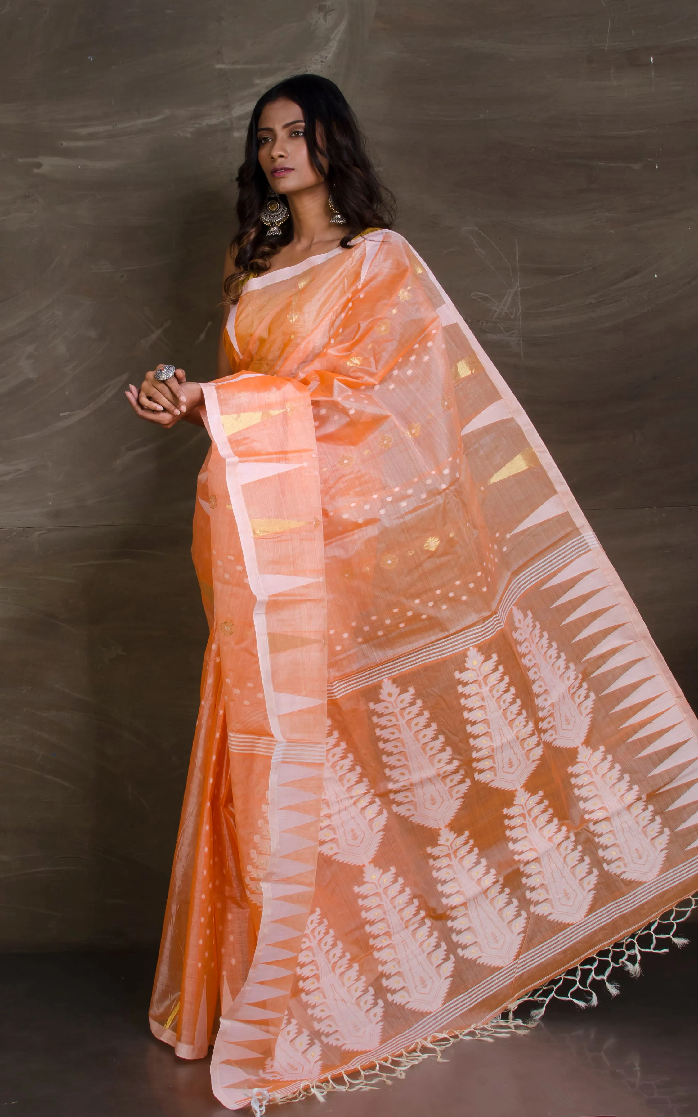 Handloom Tussar Silk Jamdani Saree in Carrot Orange, Off White and Gold