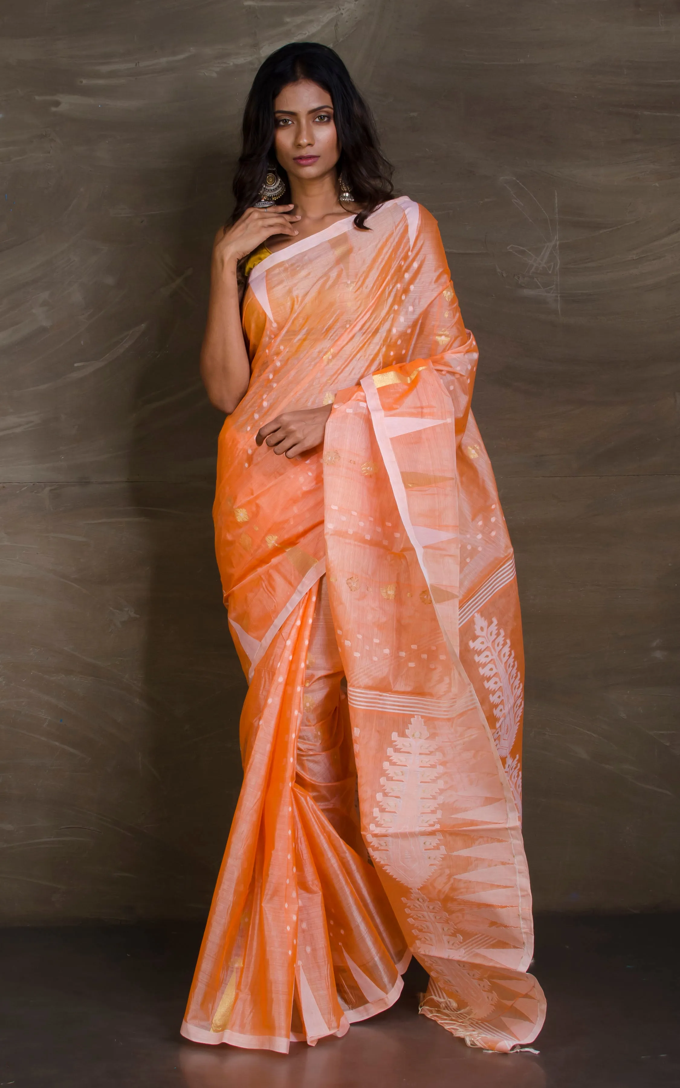 Handloom Tussar Silk Jamdani Saree in Carrot Orange, Off White and Gold