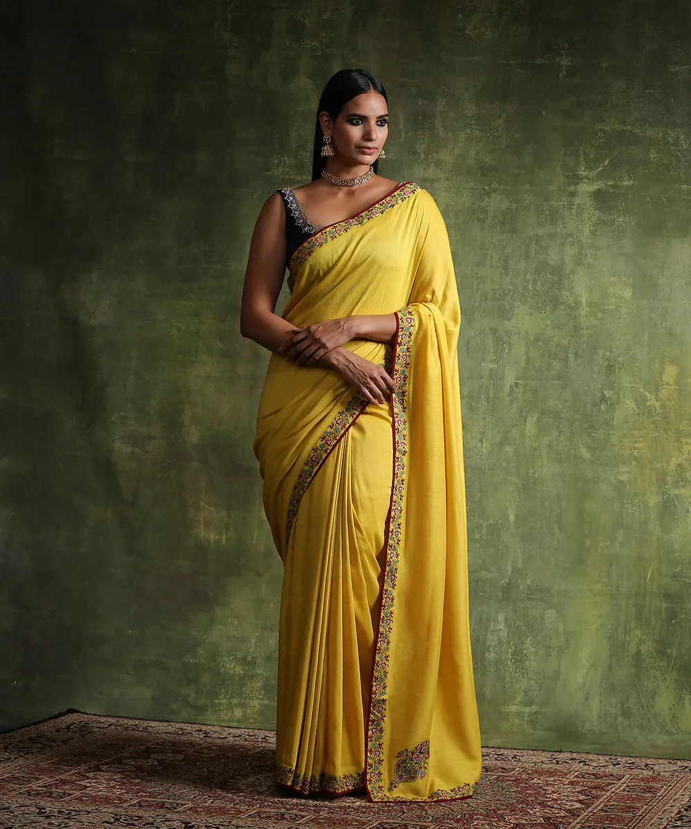 Handloom Yellow Moonga Silk Saree With Hand Embroidered Border