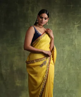 Handloom Yellow Moonga Silk Saree With Hand Embroidered Border