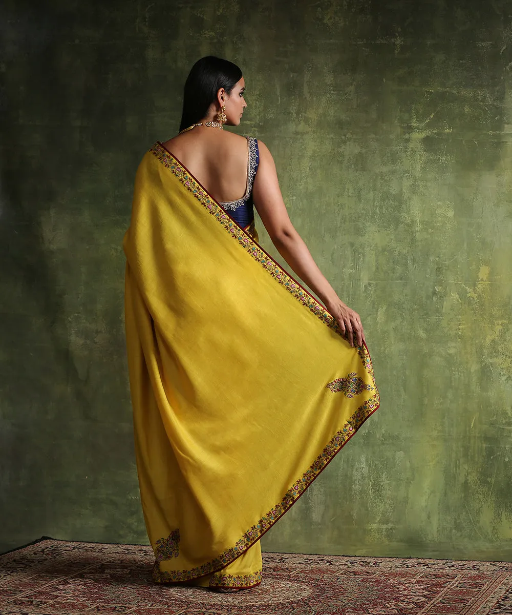 Handloom Yellow Moonga Silk Saree With Hand Embroidered Border