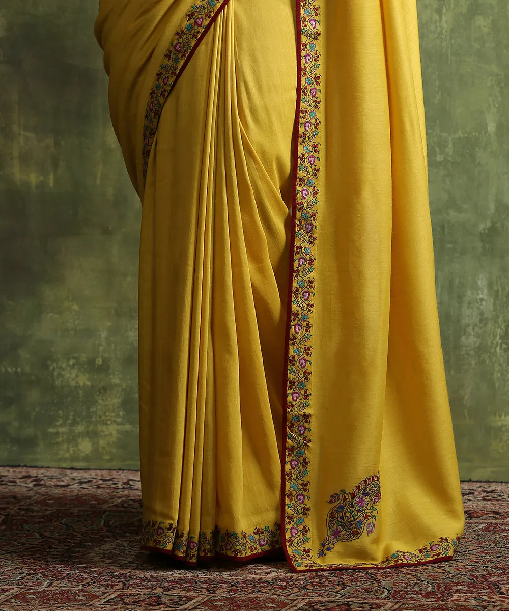 Handloom Yellow Moonga Silk Saree With Hand Embroidered Border