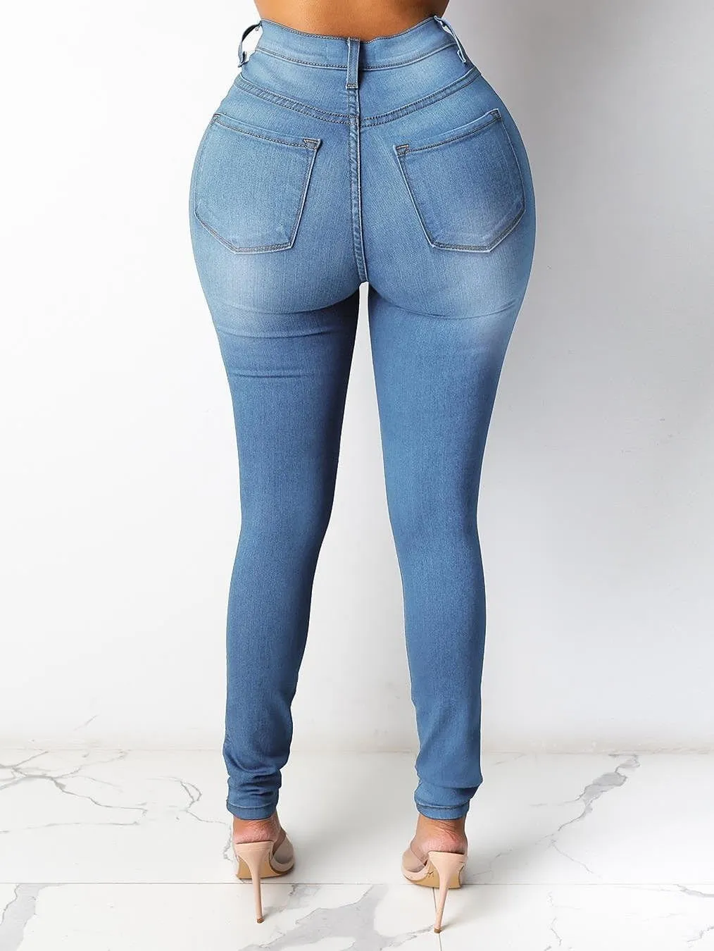 High waist fleece-lined women's denim jeans, regular fit, multiple colors.